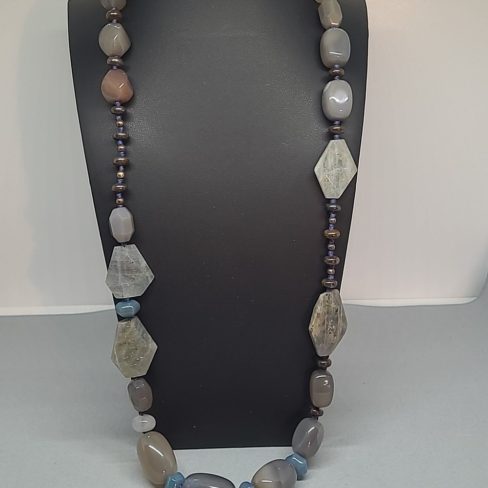 Vintage Necklace Grey Blue Labradorite Agate Beaded Statement Earthy Stone
